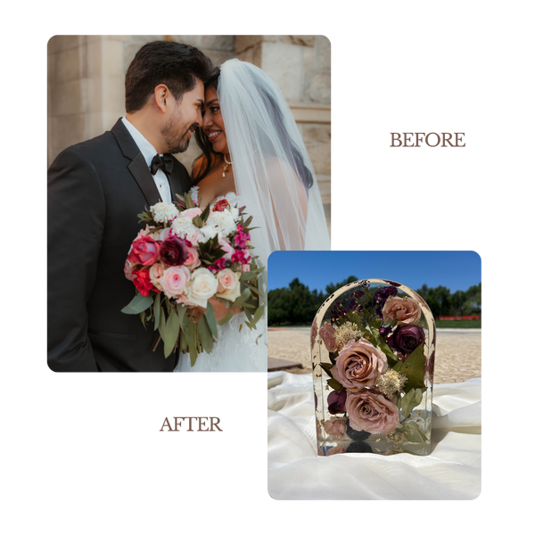 Before and after comparison of a couple with a bouquet and a floral archway.