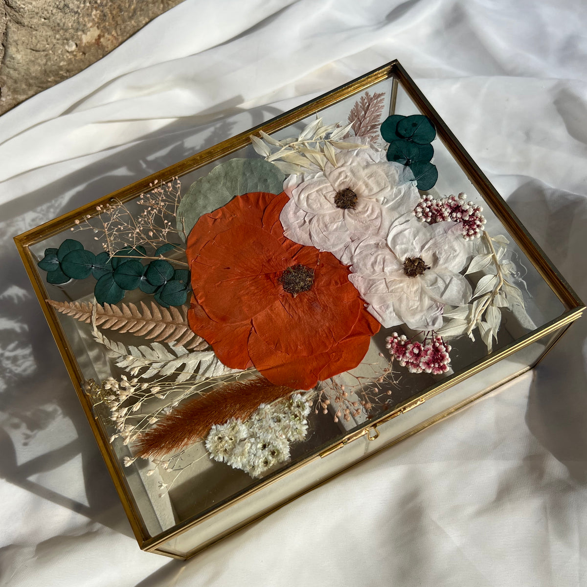 6x8 floral jewelry box with orange-themed preserved flowers, beautifully crafted by Happihome.
