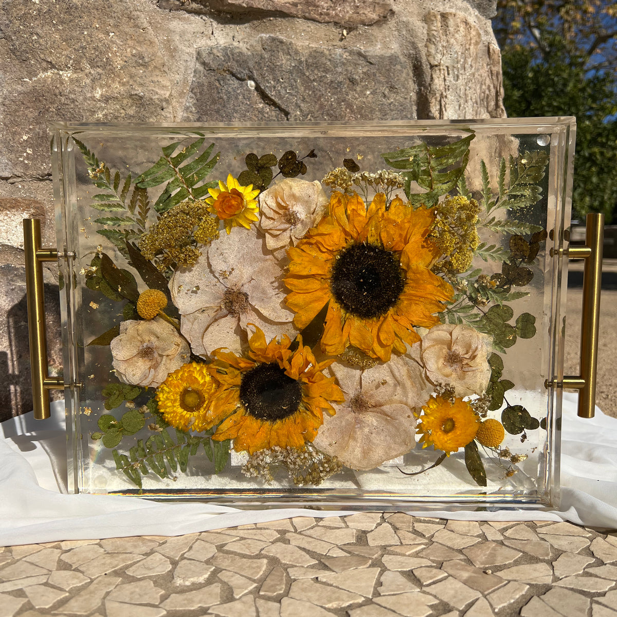Large 11x14 floral resin tray with yellow-themed preserved blooms, artistically designed by Happihome.