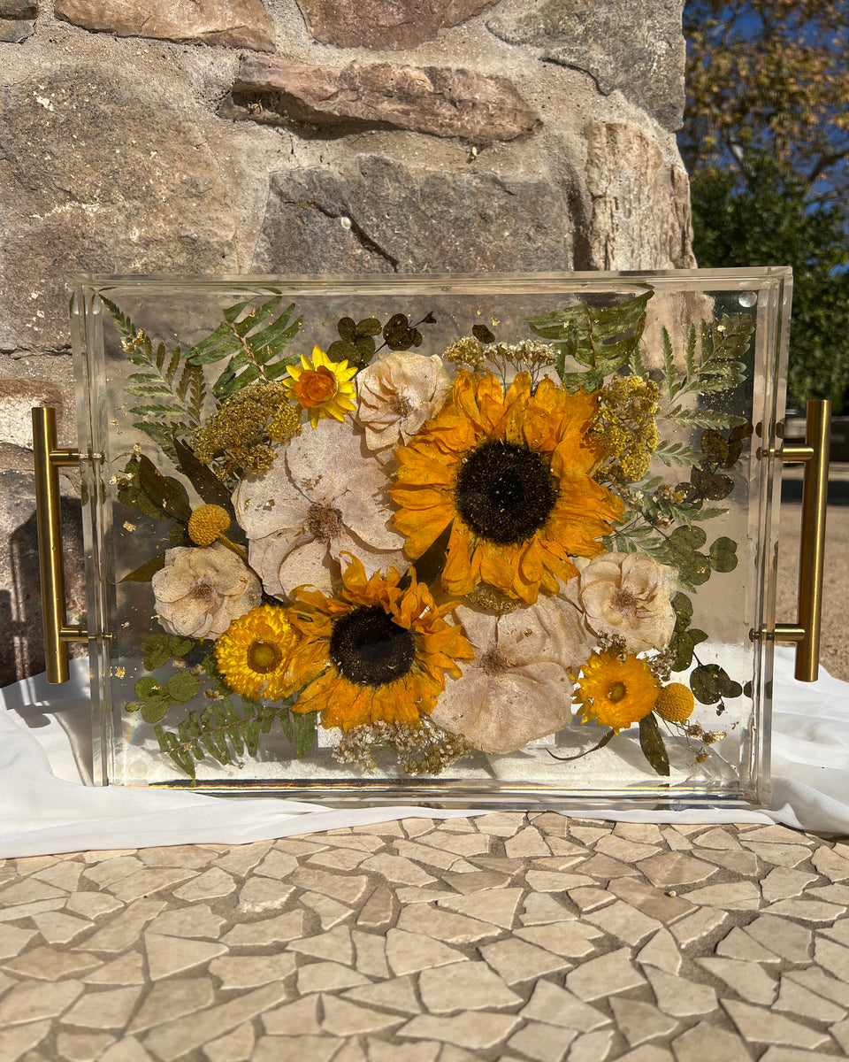 Large 11x14 floral resin tray with yellow-themed preserved blooms, artistically designed by Happihome.