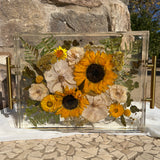 Large 11x14 floral resin tray with yellow-themed preserved blooms, artistically designed by Happihome.