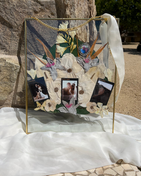 11x14 brass hanging pressed flower frame featuring preserved wedding blooms and photos, handcrafted by Happihome for timeless floral wall décor.