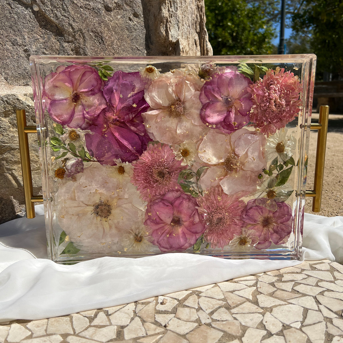 Large 11x14 floral resin tray with pink-themed preserved blooms, artistically designed by Happihome.
