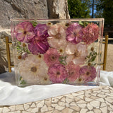 Large 11x14 floral resin tray with pink-themed preserved blooms, artistically designed by Happihome.