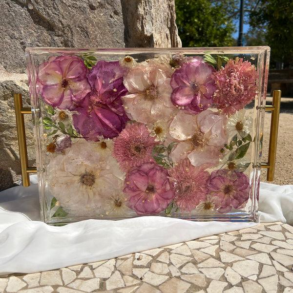 Large 11x14 floral resin tray with pink-themed preserved blooms, artistically designed by Happihome.