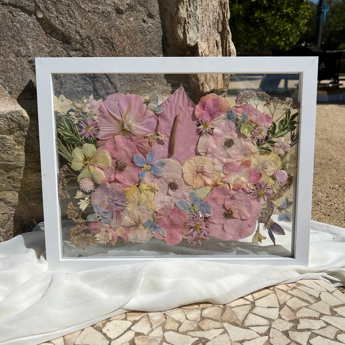 11x14 pressed flower frame featuring preserved pink-themed wedding flowers, handcrafted by Happihome for elegant home décor and lasting floral keepsakes.