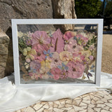 11x14 pressed flower frame featuring preserved pink-themed wedding flowers, handcrafted by Happihome for elegant home décor and lasting floral keepsakes.