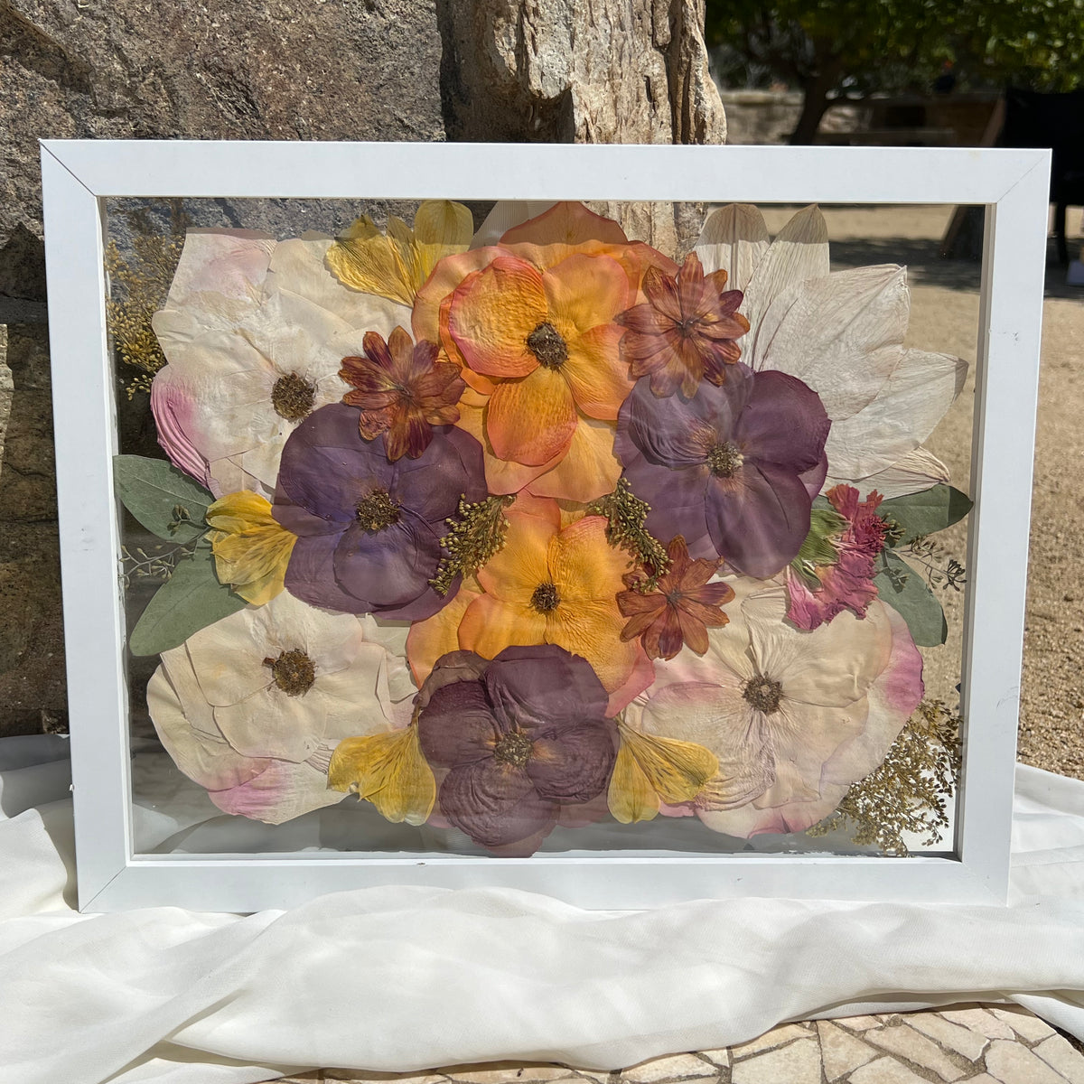11x14 pressed flower frame featuring preserved wedding flowers, handcrafted by Happihome for elegant home décor and lasting floral keepsakes.