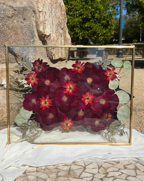 11x14 brass hanging pressed flower frame featuring preserved red-themed wedding blooms, handcrafted by Happihome for timeless floral wall décor.