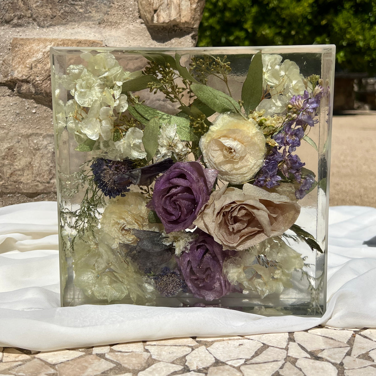 8-inch square resin block featuring purple-themed preserved flowers, handcrafted by Happihome as a timeless floral keepsake.