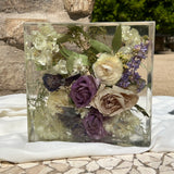 8-inch square resin block featuring purple-themed preserved flowers, handcrafted by Happihome as a timeless floral keepsake.