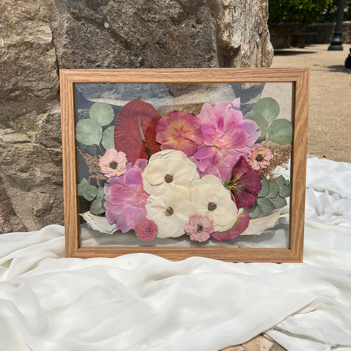 11x14 pressed flower frame featuring preserved pink-themed wedding flowers, handcrafted by Happihome for elegant home décor and lasting floral keepsakes.