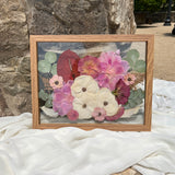 11x14 pressed flower frame featuring preserved pink-themed wedding flowers, handcrafted by Happihome for elegant home décor and lasting floral keepsakes.