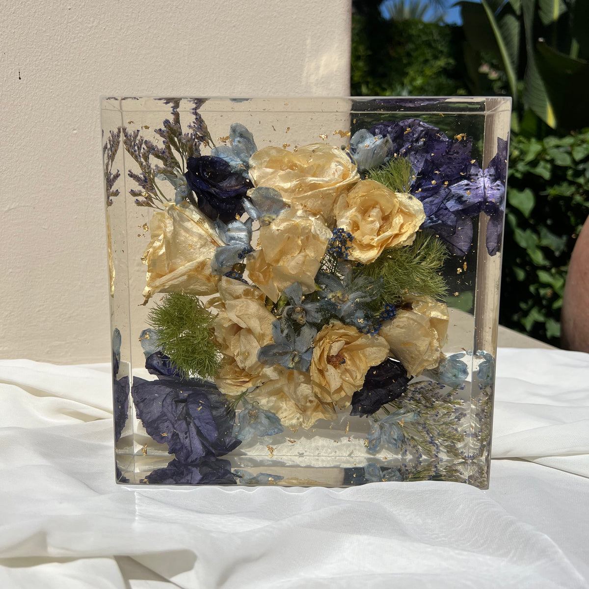 8-inch square resin block featuring blue-themed preserved flowers, handcrafted by Happihome as a timeless floral keepsake.
