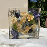 8-inch square resin block featuring blue-themed preserved flowers, handcrafted by Happihome as a timeless floral keepsake.
