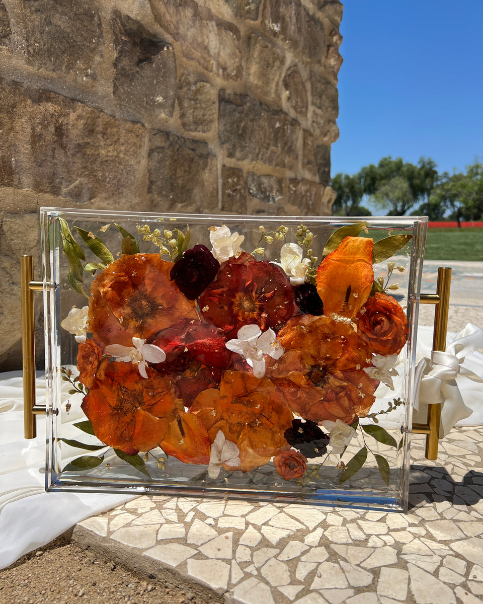 Large 11x14 floral resin tray with orange-themed preserved blooms, artistically designed by Happihome.