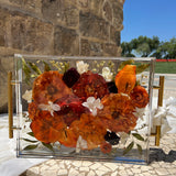 Large 11x14 floral resin tray with orange-themed preserved blooms, artistically designed by Happihome.
