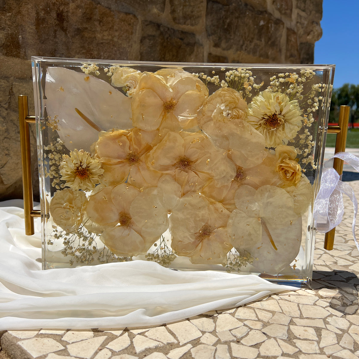 Large 11x14 floral resin tray with white-themed preserved blooms, artistically designed by Happihome.