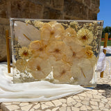 Large 11x14 floral resin tray with white-themed preserved blooms, artistically designed by Happihome.