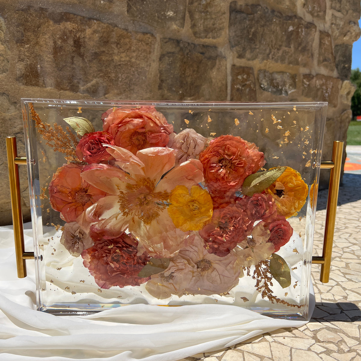 Large 11x14 floral resin tray with red-themed preserved blooms, artistically designed by Happihome.