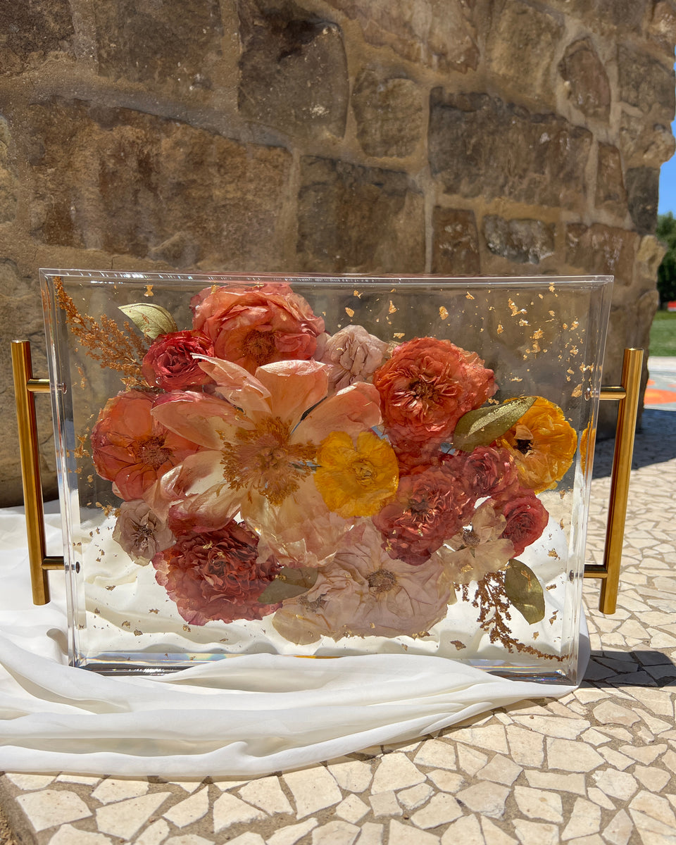 Large 11x14 floral resin tray with red-themed preserved blooms, artistically designed by Happihome.