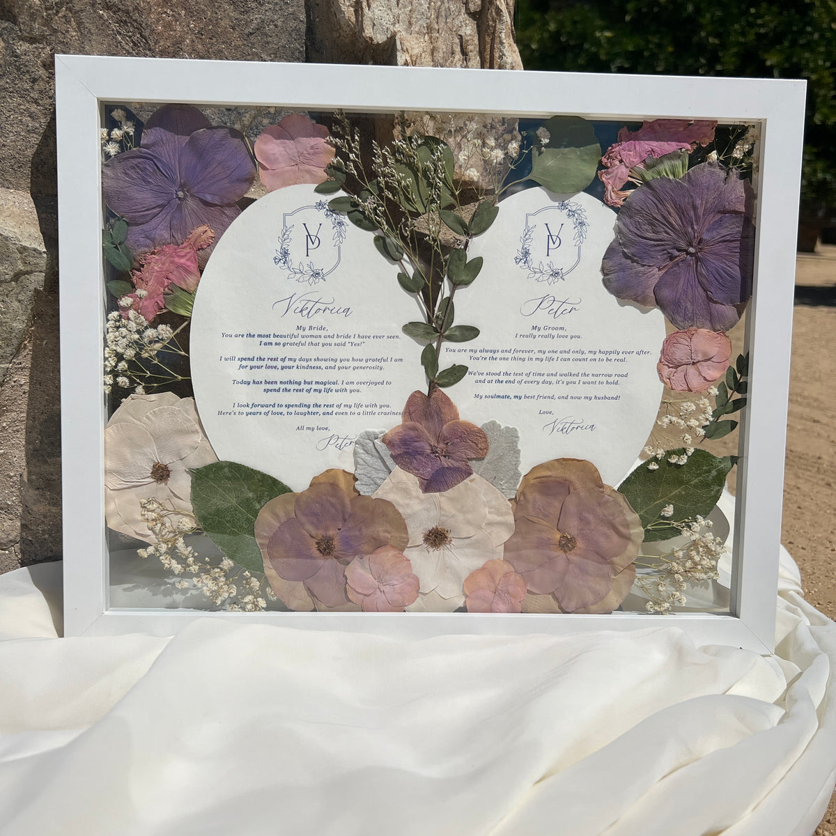 11x14 pressed flower frame featuring preserved purple-themed wedding flowers and wedding invitation cards, handcrafted by Happihome for elegant home décor and lasting floral keepsakes.