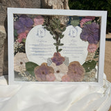 11x14 pressed flower frame featuring preserved purple-themed wedding flowers and wedding invitation cards, handcrafted by Happihome for elegant home décor and lasting floral keepsakes.