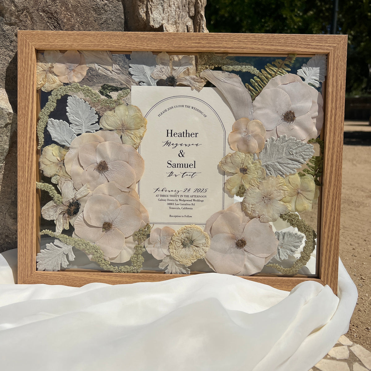 11x14 pressed flower frame featuring preserved flowers and wedding invitation card, handcrafted by Happihome for elegant home décor and lasting floral keepsakes.