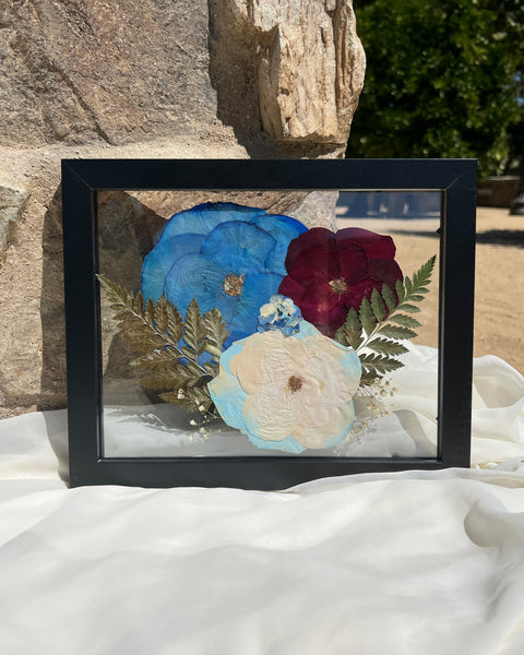 8x10 pressed floral frame with blue & red preserved flowers, artistically arranged by Happihome.