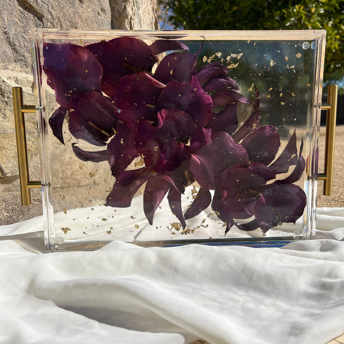 Large 11x14 floral resin tray with purple-themed preserved blooms, artistically designed by Happihome.