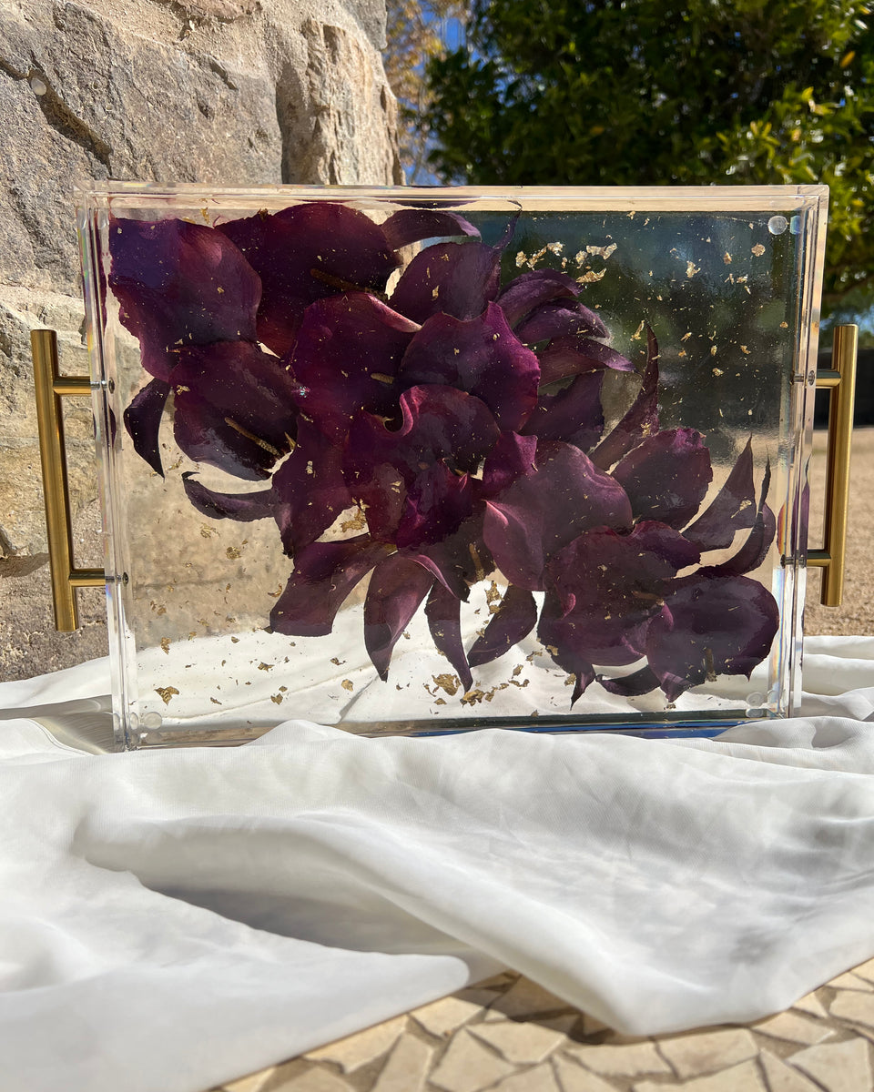 Large 11x14 floral resin tray with purple-themed preserved blooms, artistically designed by Happihome.