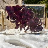 Large 11x14 floral resin tray with purple-themed preserved blooms, artistically designed by Happihome.