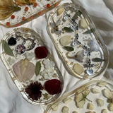 Resin trinket tray featuring real preserved flowers, photo and name, handcrafted by Happihome for stylish keepsake and décor use.